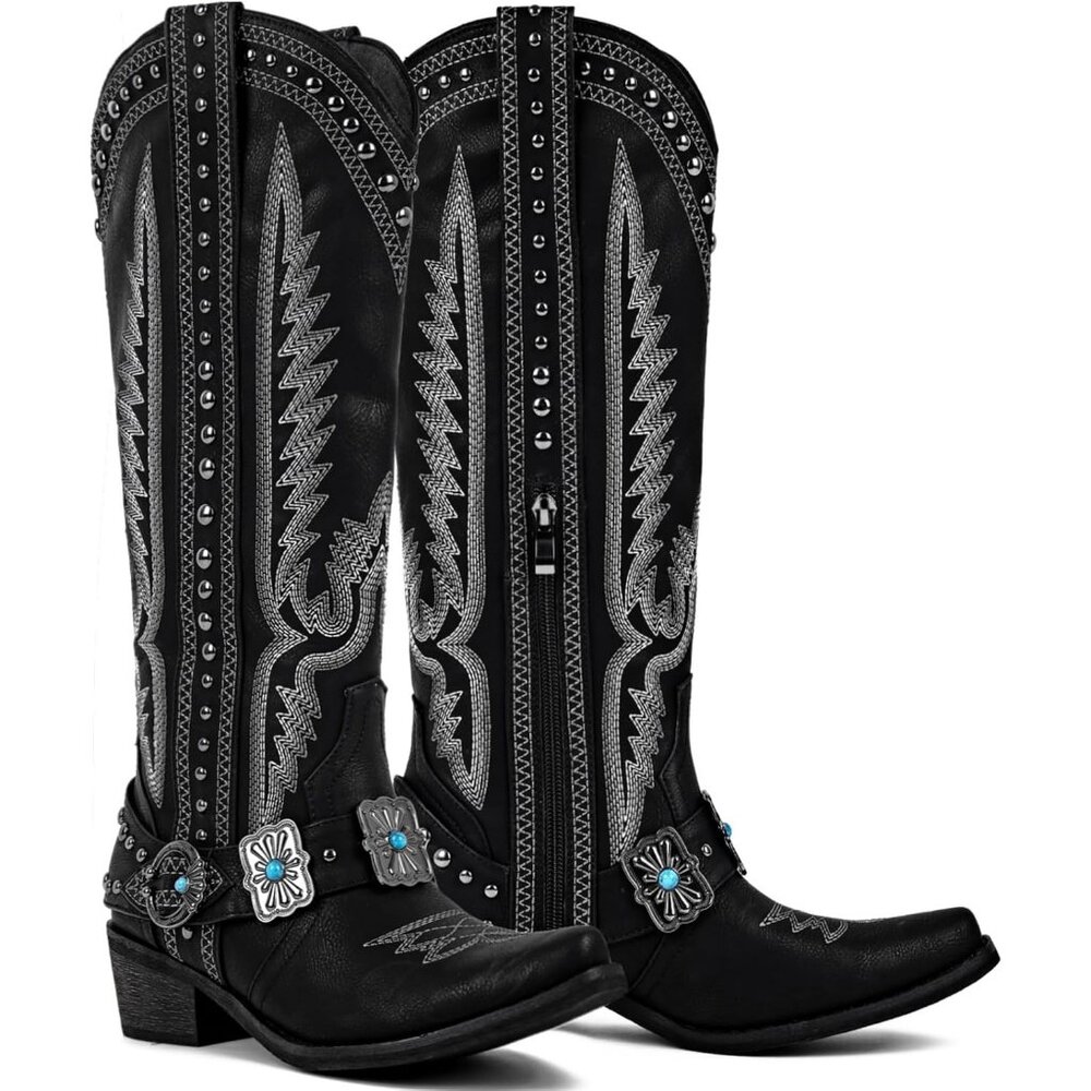 Women's Black Knee High Western Cowgirl Boots with Embroidery Belt Buckle - Picture 1 of 6